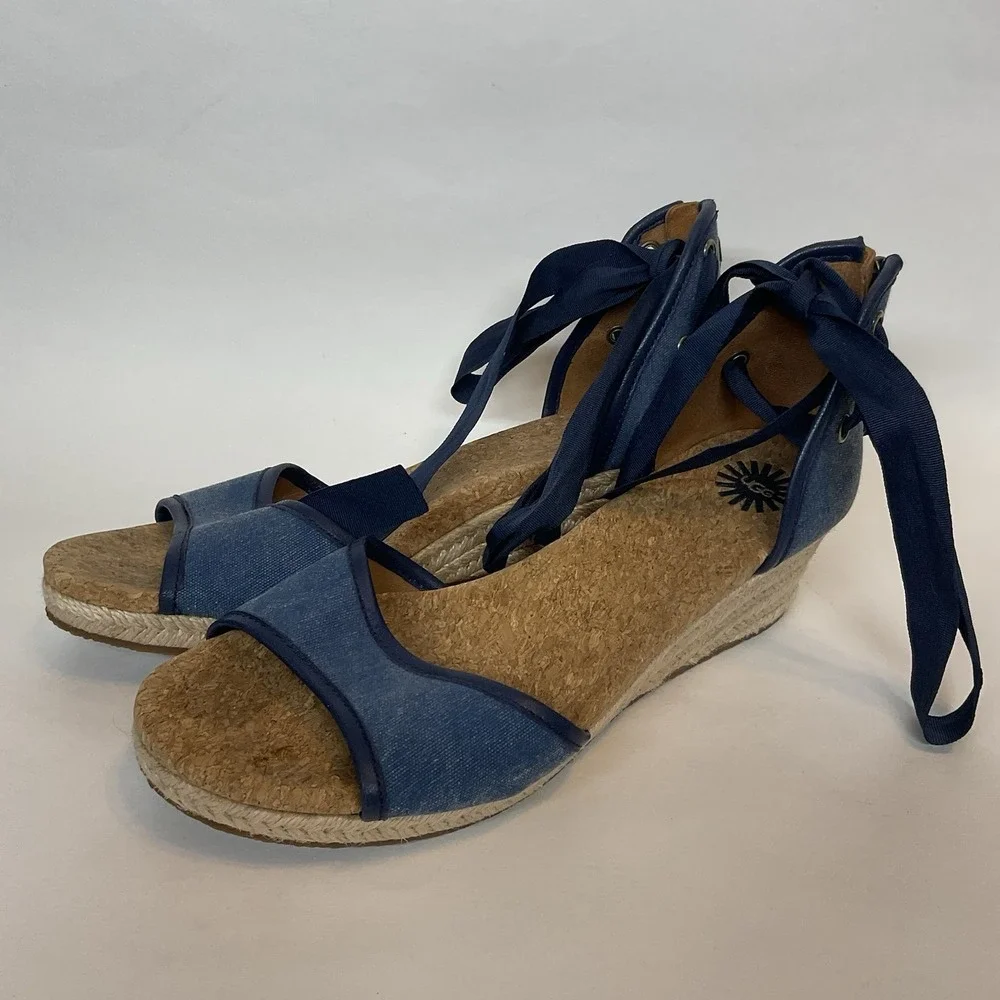 Ugg Amell Espadrille Lace Up Cork Wedge Sandals Open‎ Toe Shoes 9,5 Denim Blue